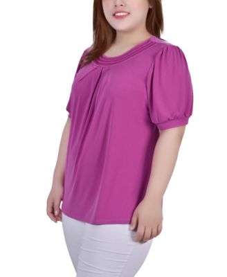 Plus Size Short Puff Sleeve Sheer Inset Top