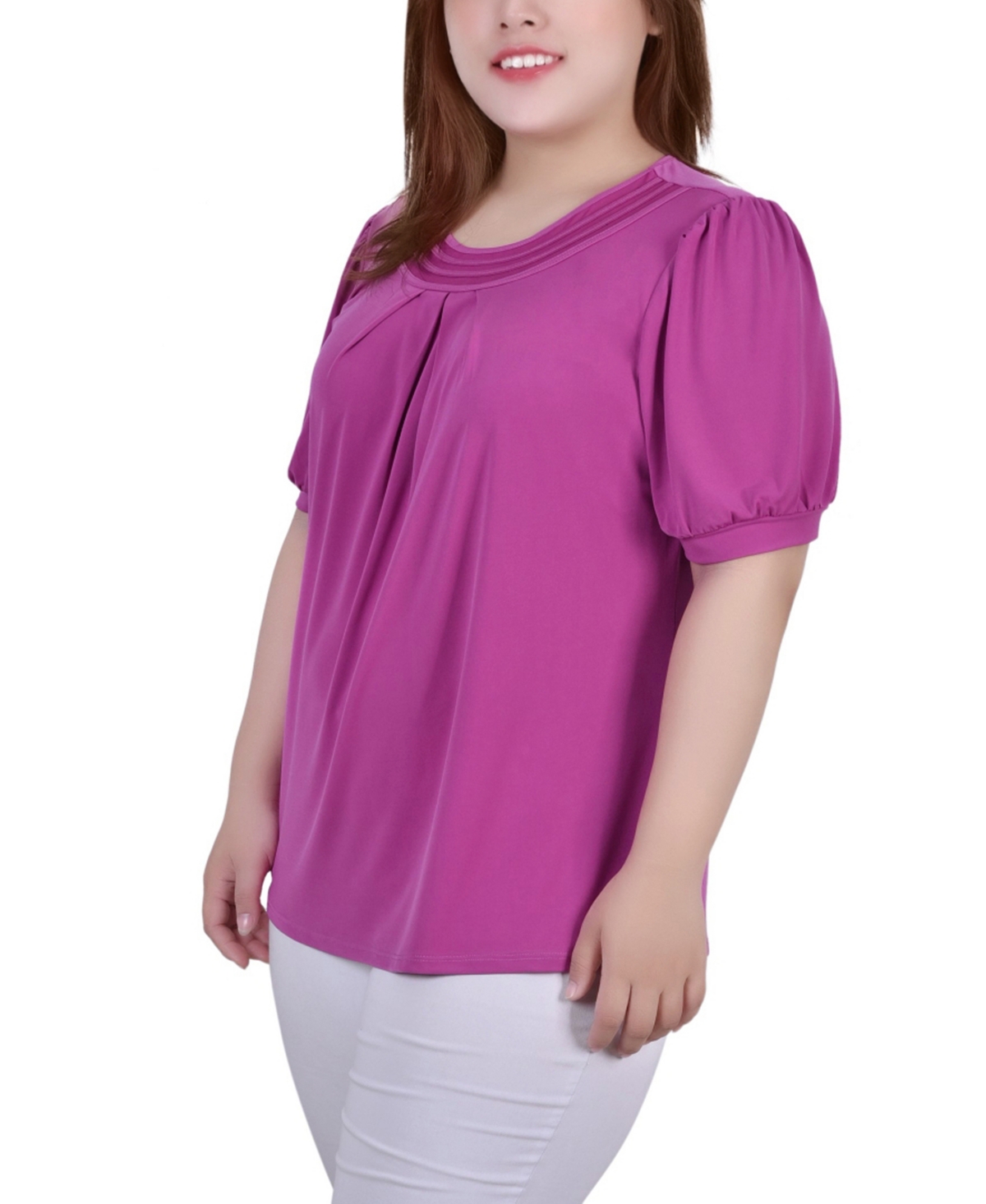 Plus Size Short Puff Sleeve Sheer Inset Top