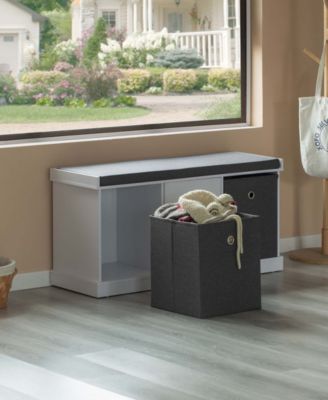 White Shoe Storage Bench with Wooden Frame, 2 Drawers, Foldable Baskets, and Comfortable Gray Cushion for Entryway, Hallway, or Bedroom Organization