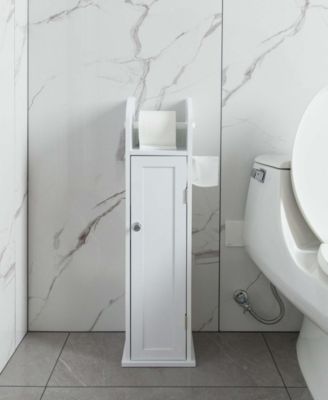 White Freestanding Bathroom Toilet Paper Roll Holder with Storage and Extra Slot For Tissue Roll