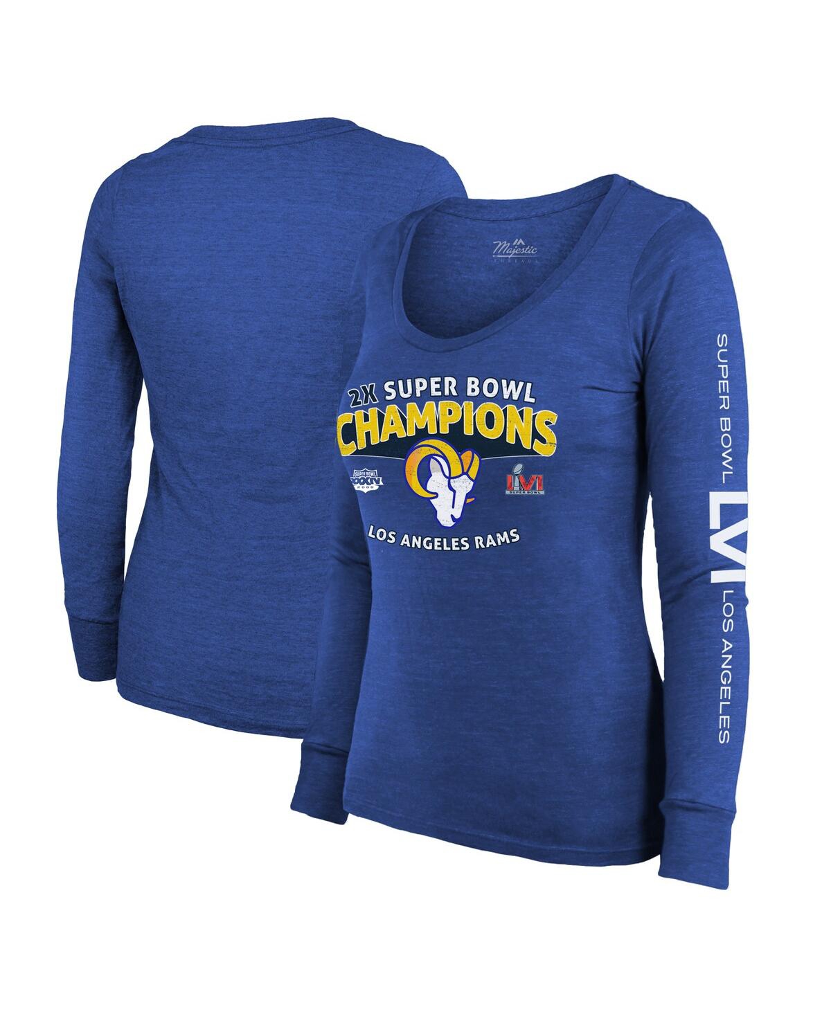 Women's Majestic Threads Heather Royal Los Angeles Rams 2-Time Super Bowl Champions Sky High Tri-Blend Long Sleeve Scoop Neck T-shirt - Heathered Roya