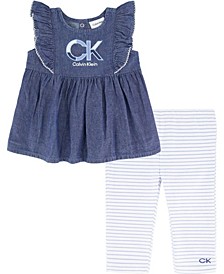 Baby Girls Chambray Logo Tunic and Striped Leggings Set, 2 Piece