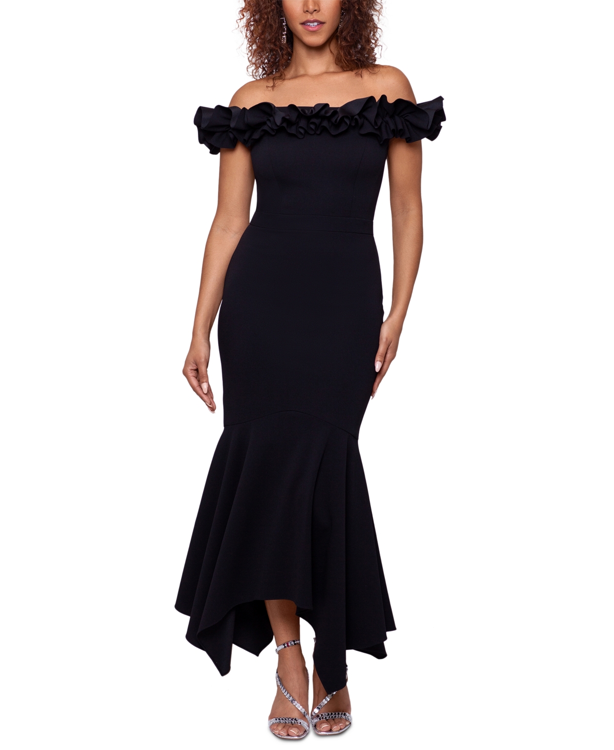 xscape ruffle off the shoulder gown