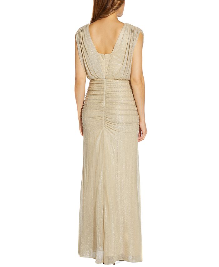 Adrianna Papell Women's Metallic Knit Column Gown Size Adrianna Papell  Women's Metallic Knit Off-The-Shoulder Gown - Floor Length Ruching Dress  For Weddings & Black Tie Hailey Logan By Adrianna Papell