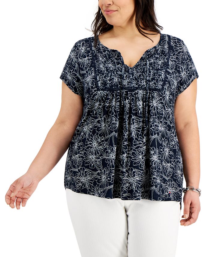 INC International Concepts Women's Plus Size Floral-Embellished Top 0X, White