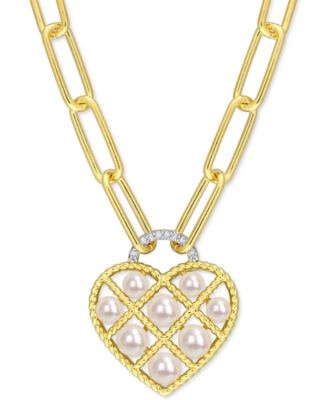 Macy's - Cultured Freshwater Pearl (3-1/2 - 5mm) & Diamond Accent 18" Heart Pendant Necklace in Gold-Tone Plated Sterling Silver