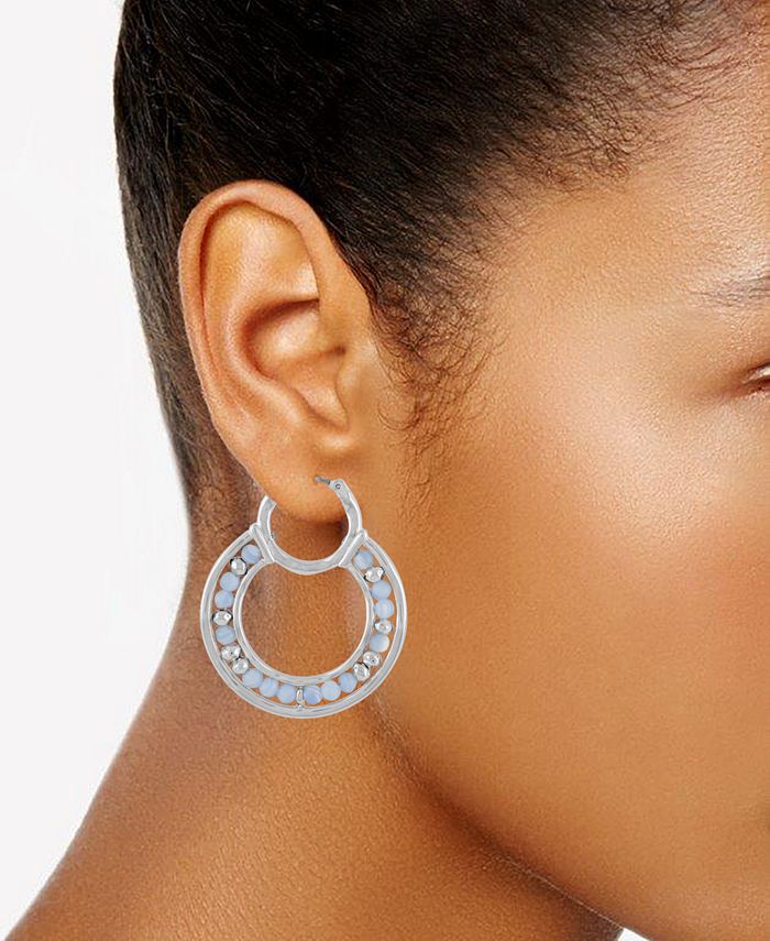 Women's Denim Stone Beaded Huggie Drop Hoop Earrings