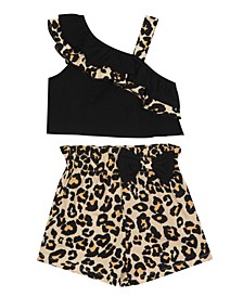 Baby Girls Knit One Shoulder Top with Printed Cheetah Challis Shorts Set, 2 Piece