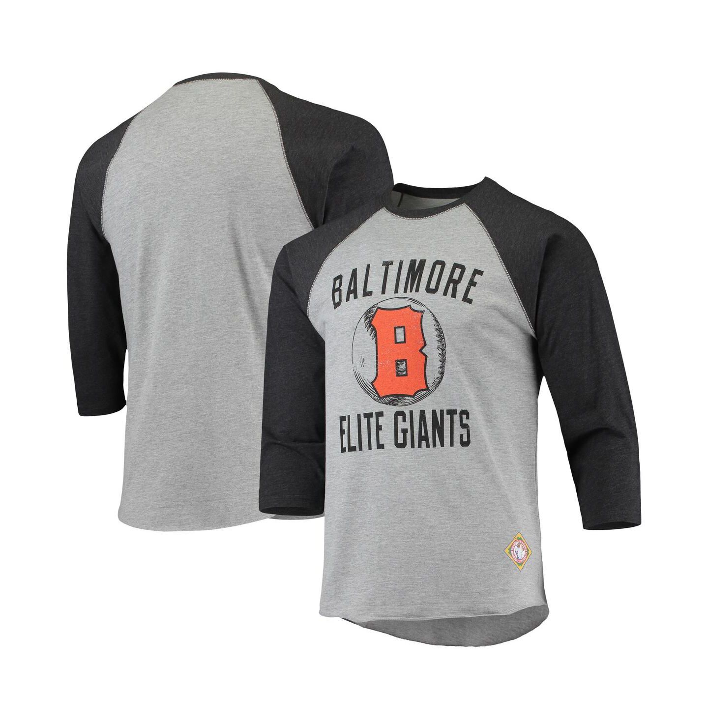Мужская футболка Stitches Heather Gray, Black Baltimore Elite Giants Negro League Wordmark Raglan 3/4 Sleeve — фото 1