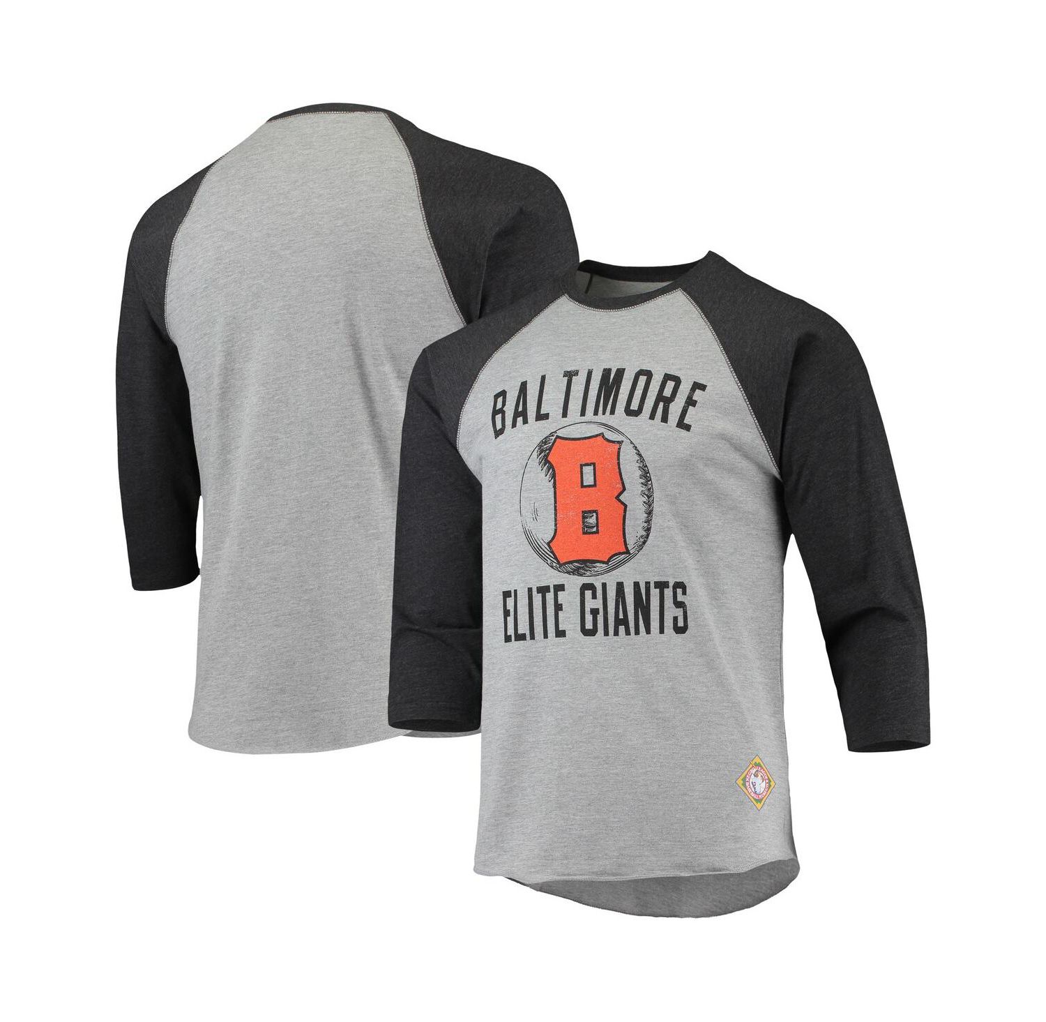 Men's Heather Gray, Black Baltimore Elite Giants Negro League Wordmark Raglan 3/4 Sleeve T-shirt