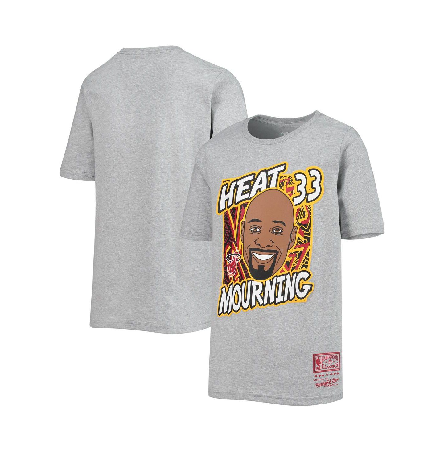 Футболка Mitchell & Ness Alonzo Mourning Heathered Gray Miami Heat Hardwood Classics King of the Court Player для мальчиков — фото 1