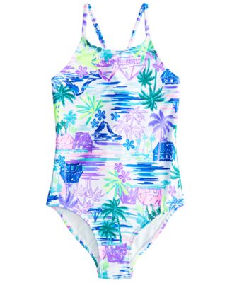 Breaking Waves - Big Girls Tropical-Print Lace-Up Back Swimsuit