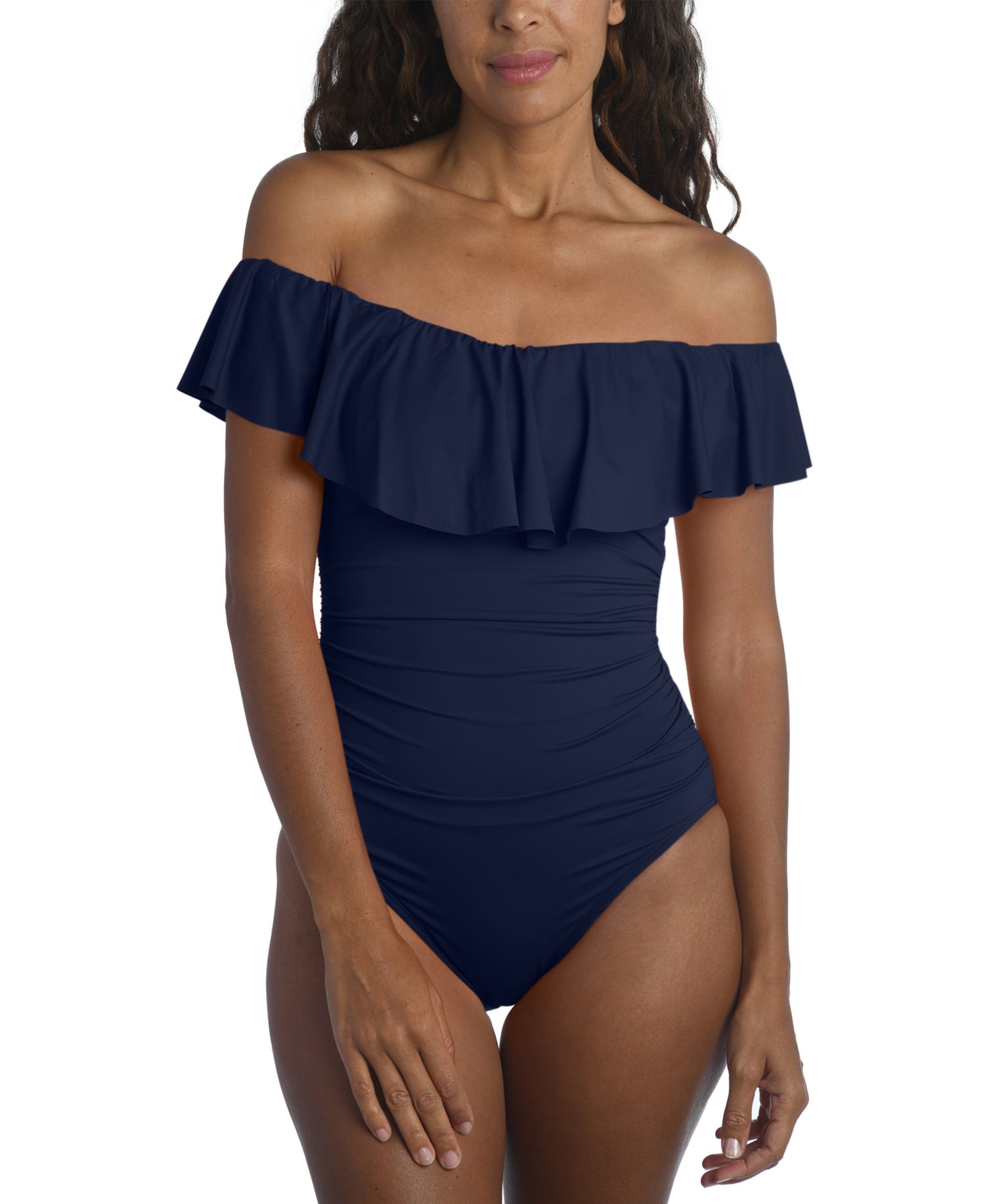 Island Goddess Off-The-Shoulder Ruffled Tummy-Control One-Piece Swimsuit