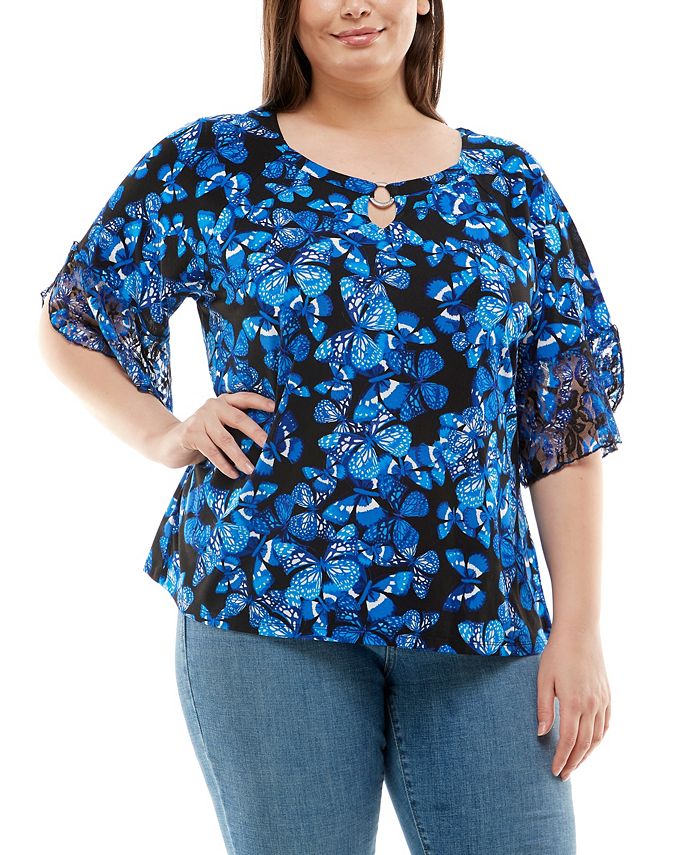 Adrienne Vittadini Plus Size Elbow Sleeve with Tulip Flounce and Keyhole  Top - Macy's