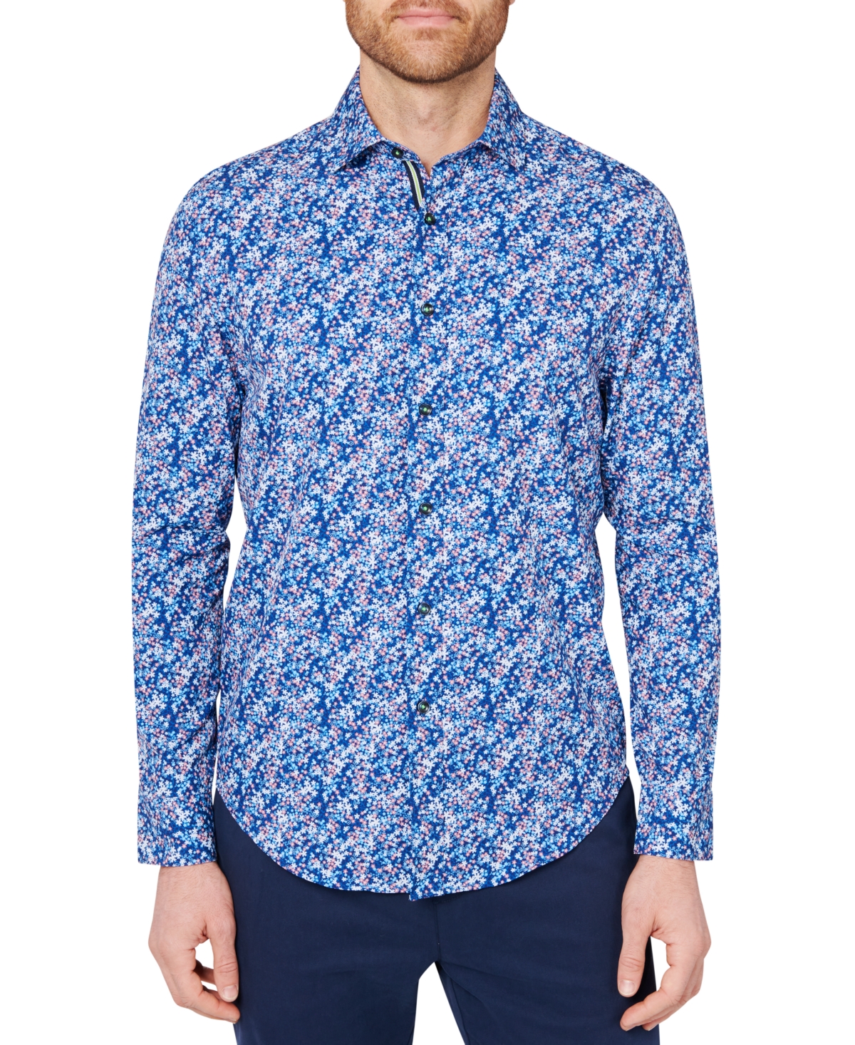 Society Of Threads Men's Slim Fit Non-iron Mini Floral Print Performance Stretch Button-down Shirt In Navy