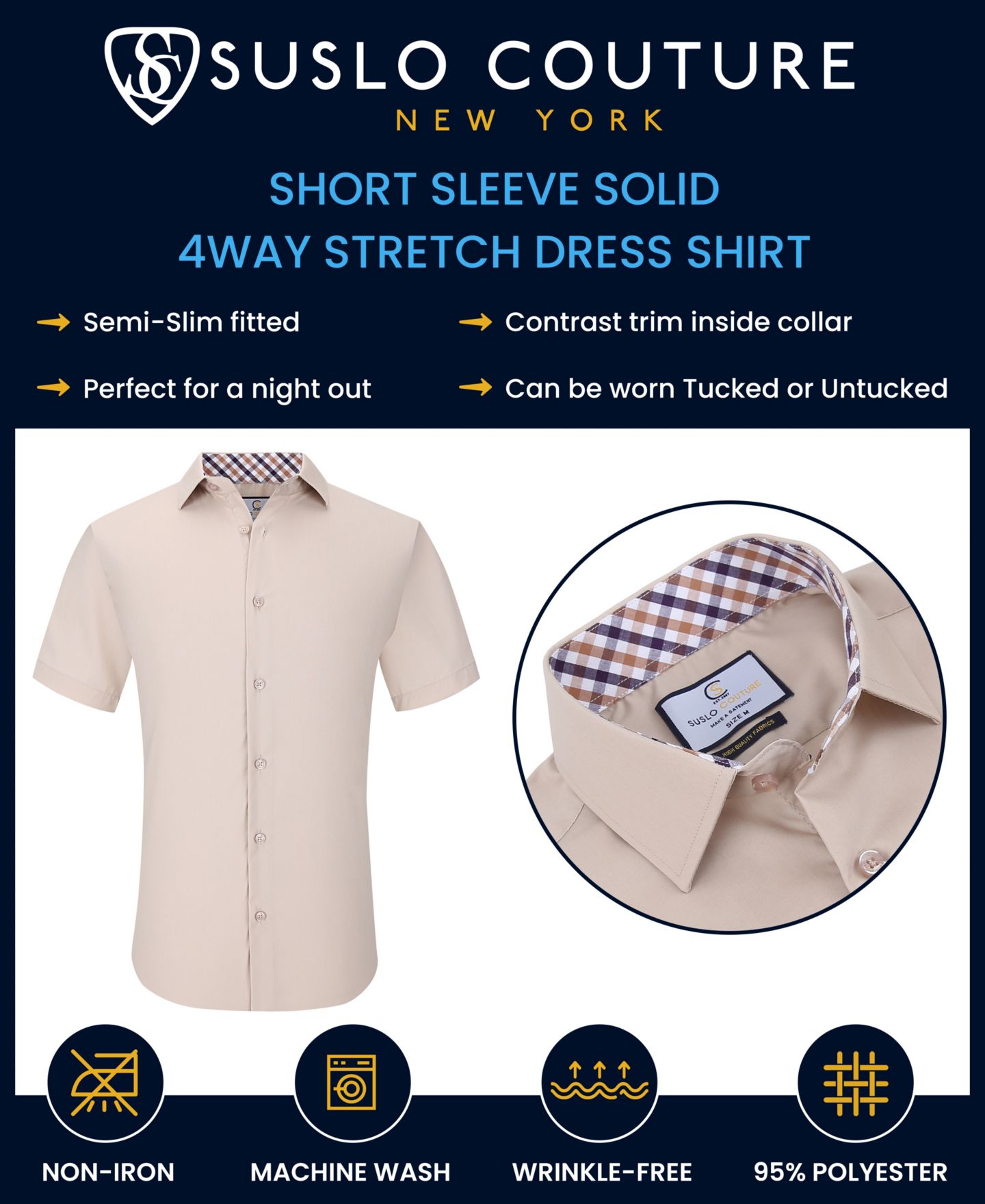 Мужская рубашка Suslo Couture Slim Fit Performance Short Sleeves Solid Button Down Shirt, цвет: Чёрный — фото 4