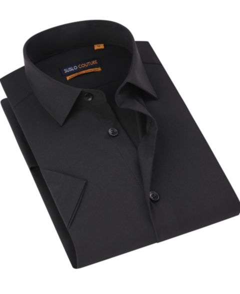 Мужская рубашка Suslo Couture Slim Fit Performance Short Sleeves Solid Button Down Shirt, цвет: Чёрный