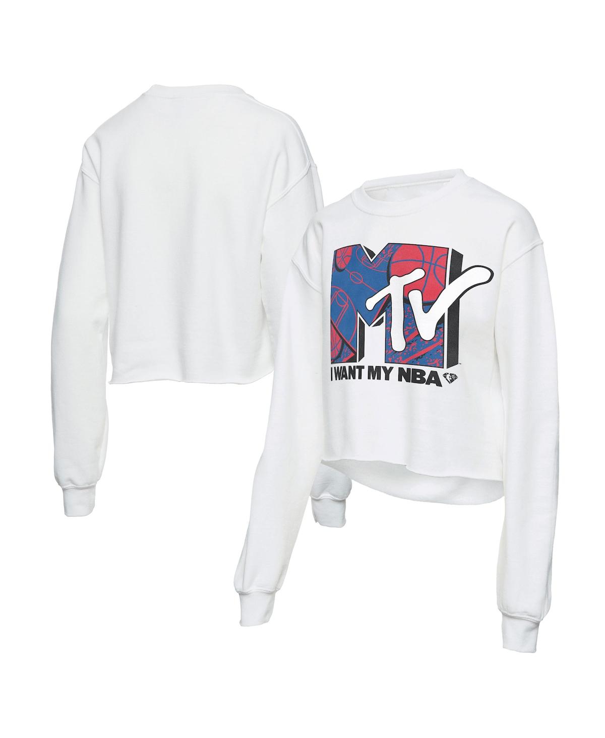 Women's White Nba x Mtv I Want My Cropped Fleece Pullover Sweatshirt - White