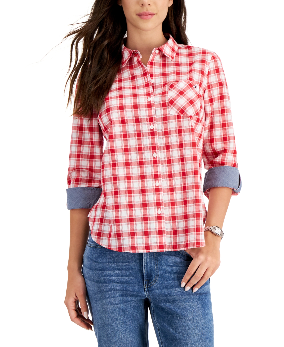 Tommy Hilfiger Women's Cotton Plaid Roll-Tab Shirt