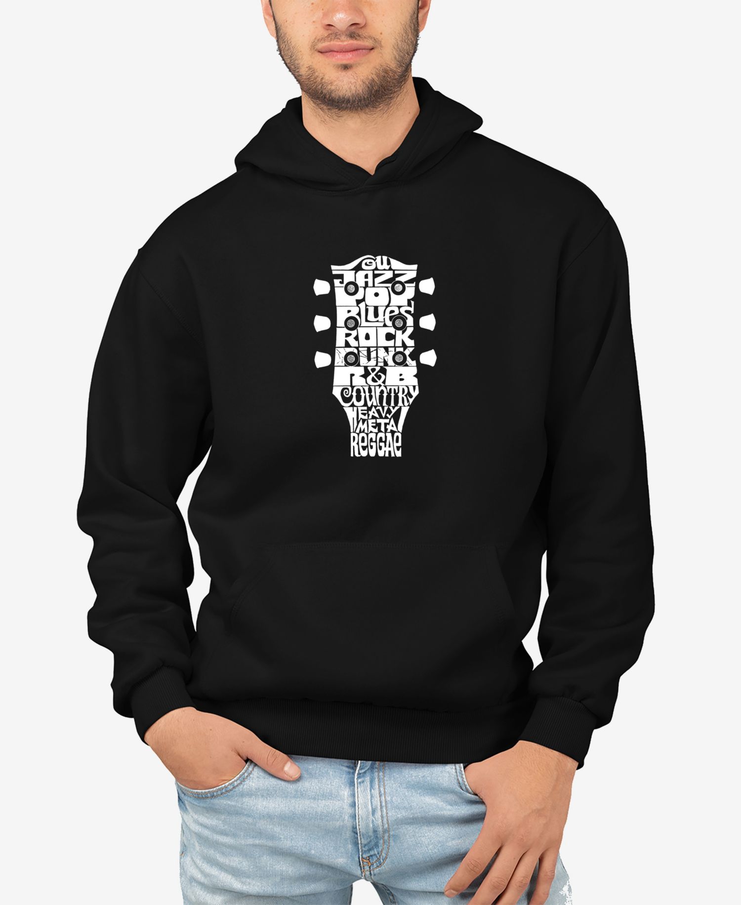 Men's Word Art Guitar Head Music Genres Hooded Sweatshirt
