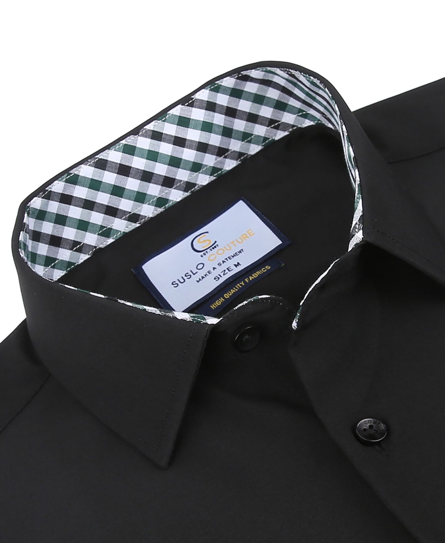 Мужская рубашка Suslo Couture Slim Fit Performance Short Sleeves Solid Button Down Shirt, цвет: Чёрный, вариант 1 — фото 2
