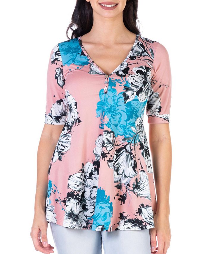 24seven Comfort Apparel Women's Floral Elbow Sleeve Casual VNeck