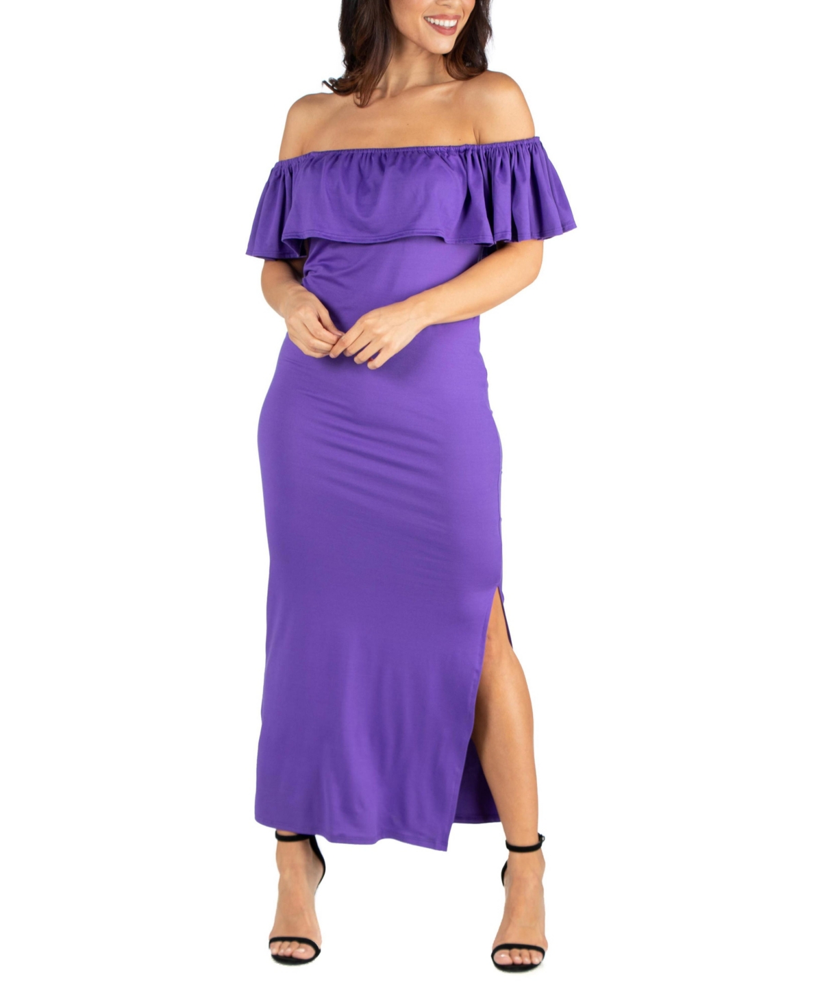 Shop 24seven Comfort Apparel Women's Off Shoulder Ruffle Detail Maxi Dress In Purple