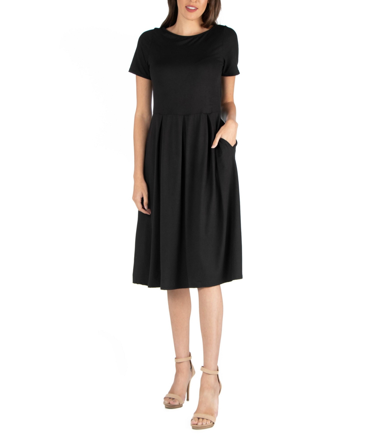 Women's Midi Dress with Short Sleeves and Pocket Detail - Black