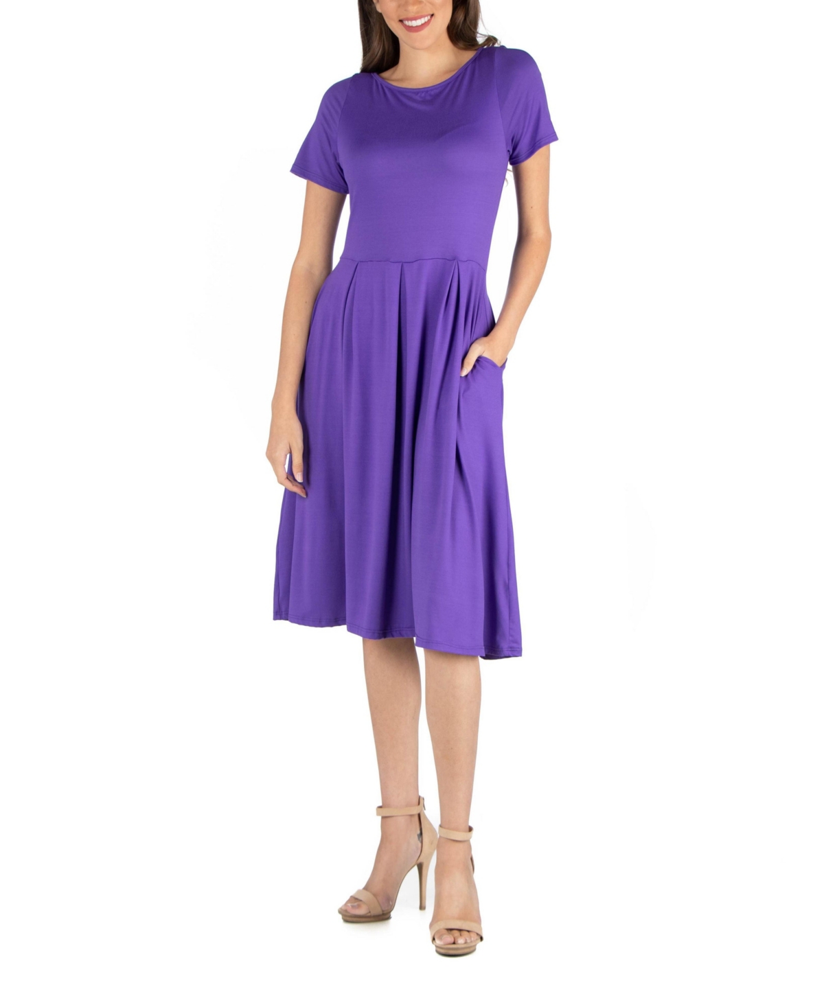 24seven Comfort Apparel Midi Dress With Short Sleeves And Pocket Detail In Purple