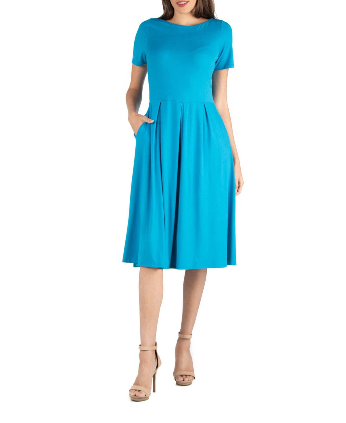 24seven Comfort Apparel Maternity Midi Dress With Short Sleeve And Pocket Detail In Blue