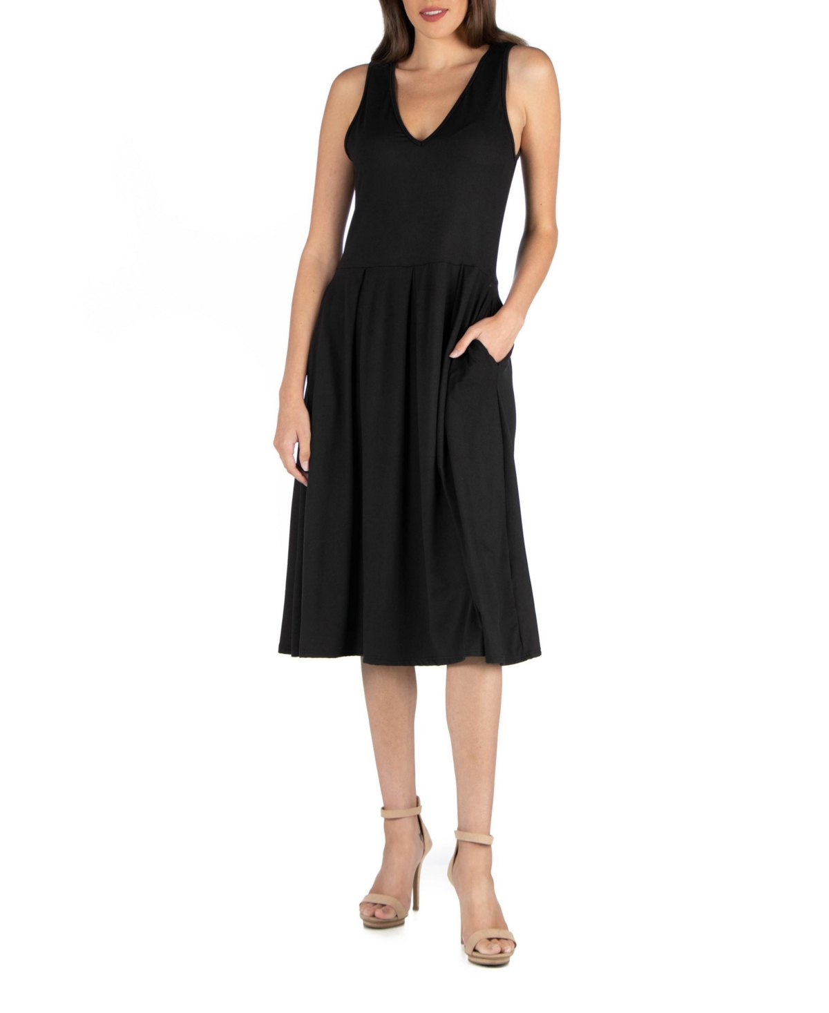 24SEVEN COMFORT APPAREL WOMEN'S FIT AND FLARE MIDI SLEEVELESS DRESS WITH POCKET DETAIL