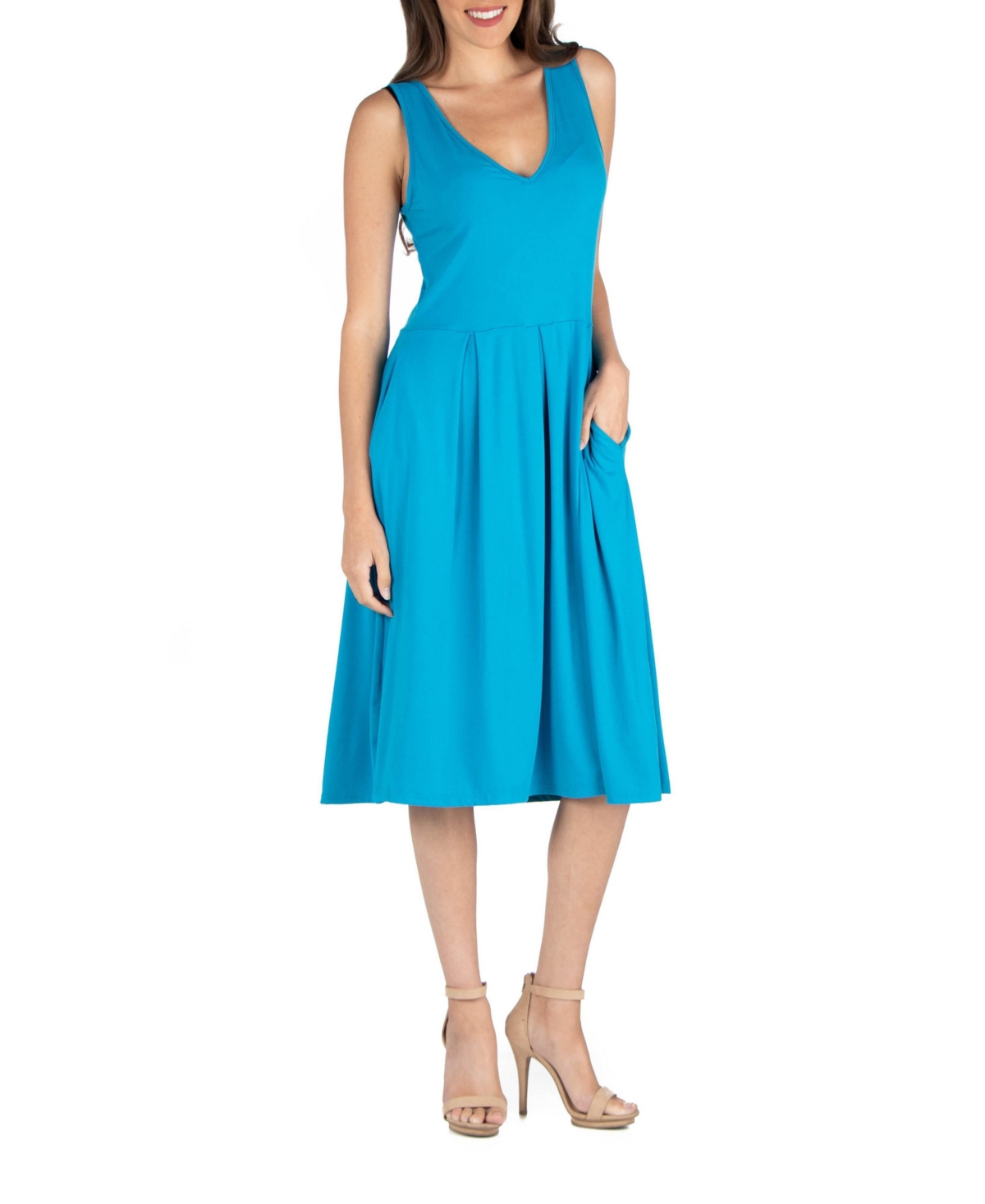 24seven Comfort Apparel Fit And Flare Sleeveless Maternity Midi Dress With Pockets In Turq