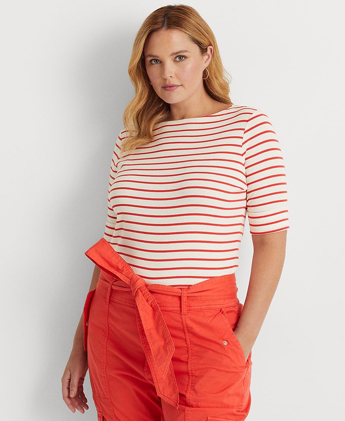Lauren Ralph Lauren PlusSize Striped Stretch Cotton Boatneck Top Macy's