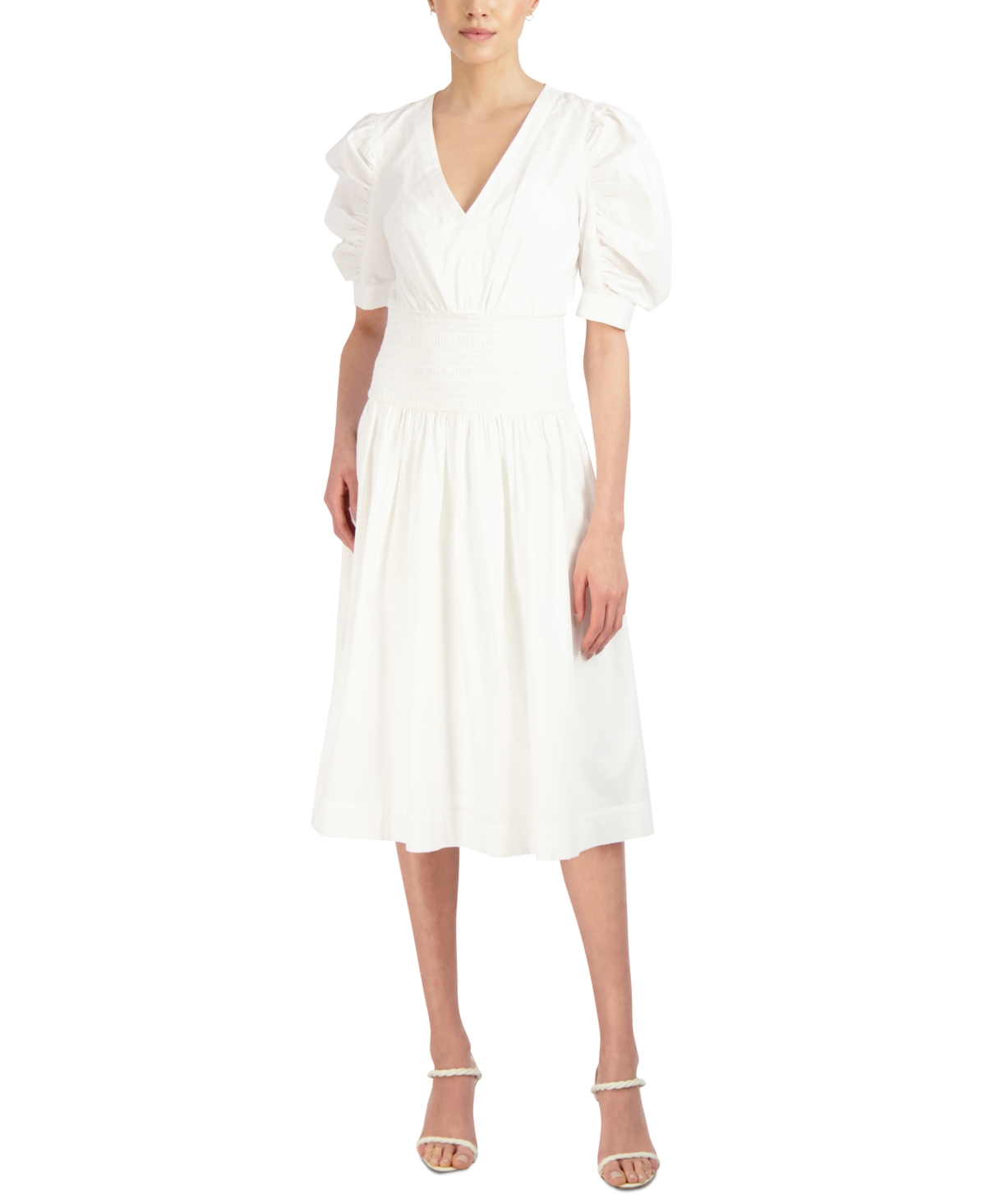 Bcbgmaxazria Women's Puff-sleeve Smocked-waist Poplin Midi Dress In Off White
