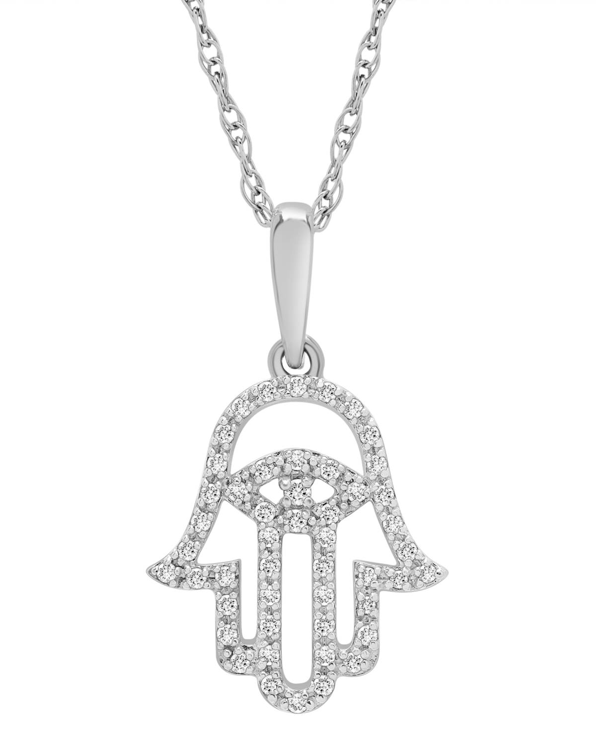 Diamond Hamsa Hand 18" Pendant Necklace (1/10 ct. t.w.) in 10k Yellow or White Gold, Created for Macy's - White Gold