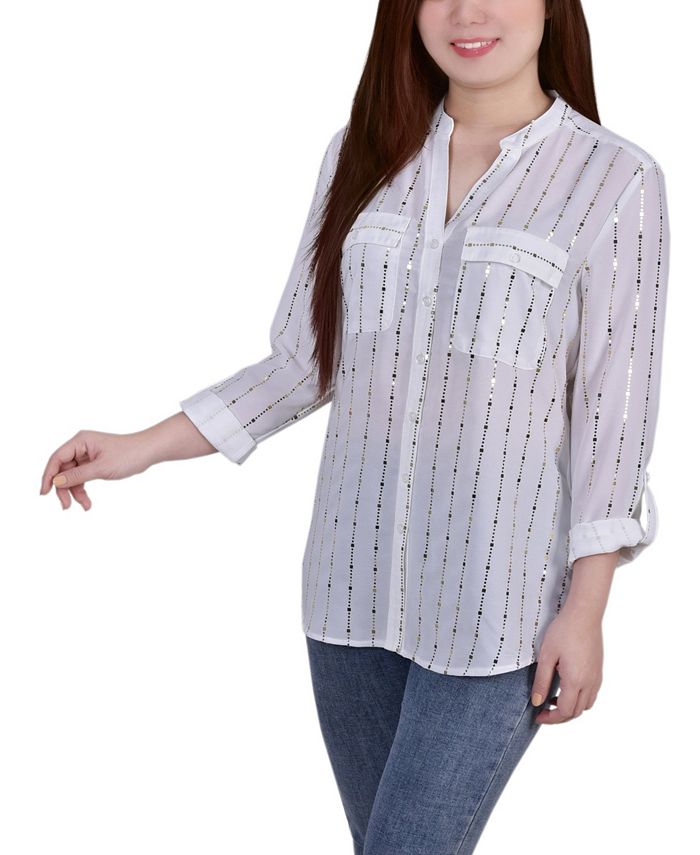 NY Collection Women's 3/4 Sleeve Roll Tab Blouse Top with Metallic