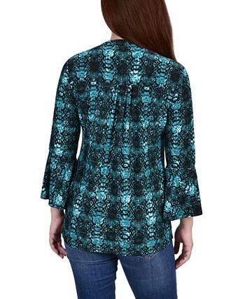 NY Collection Women's 3/4 Bell Sleeve Pleat Front Y-neck Top & Reviews ...