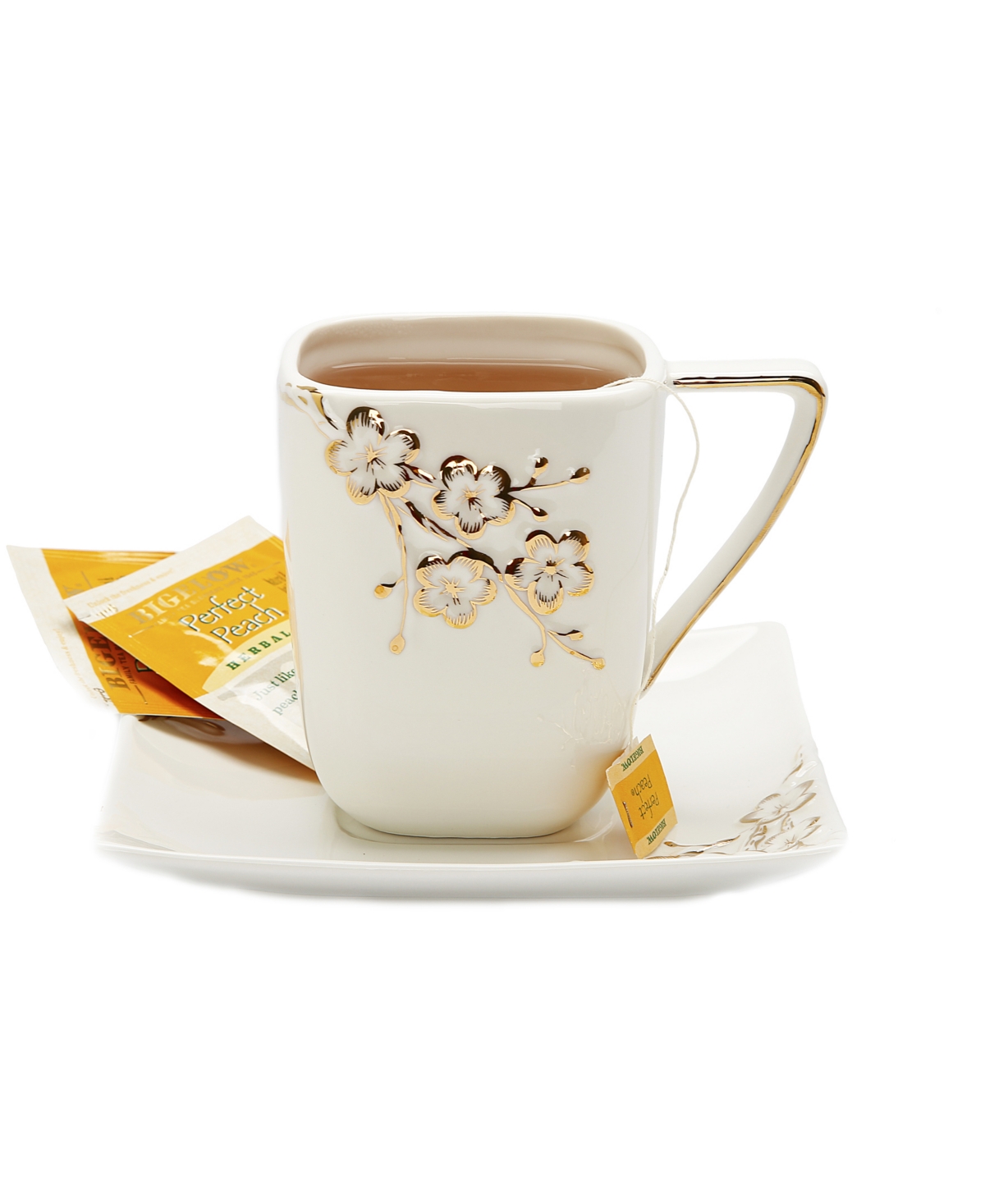 Square Tray and Mug 2-Piece Set with Floral Artwork Design - Gold-Tone