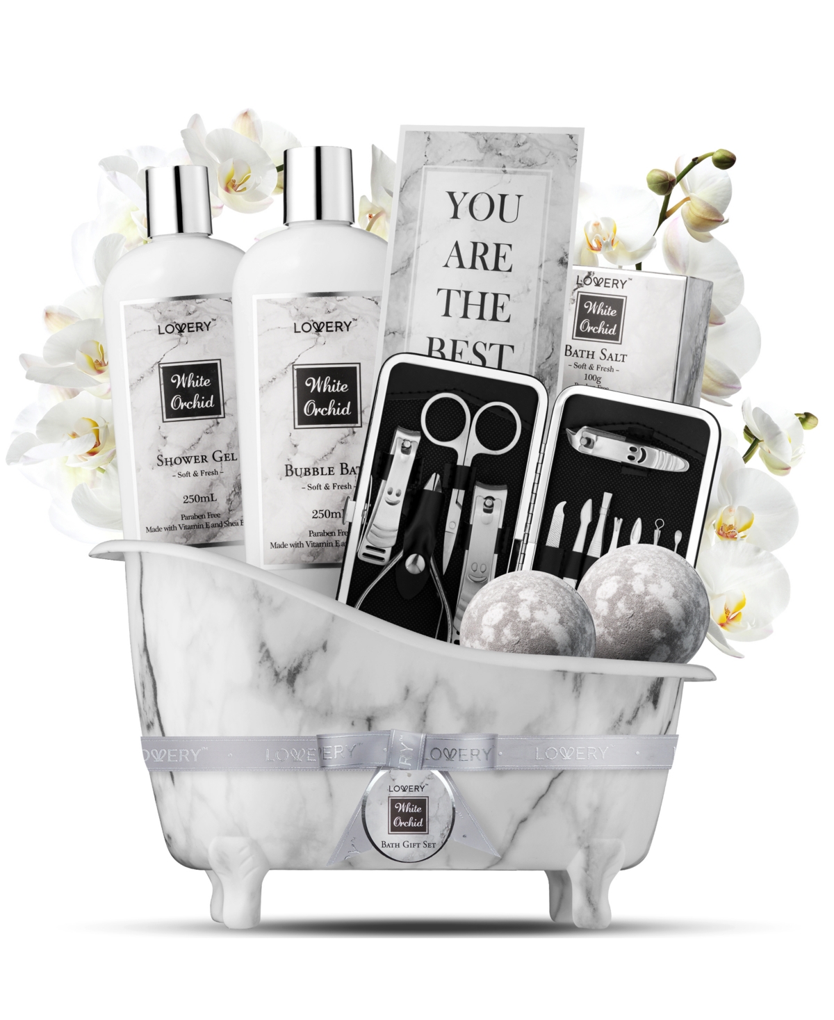 Lovery Self Care Gift Basket, White Orchid Care Package, Bath and Body Gift Set, Pampering Package, 20 Piece