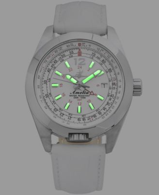 Women's Amelia GMT Multifunctional Genuine White Calf Leather Strap Watch 40mm