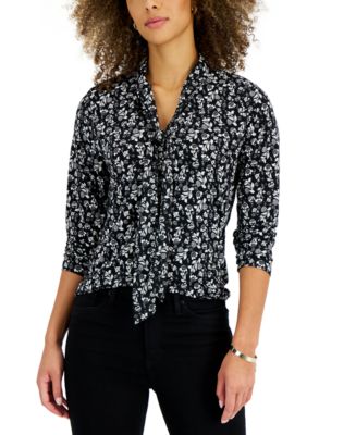 Charter Club Women's Petite Tie-Sleeve Top Black Size Petite Small