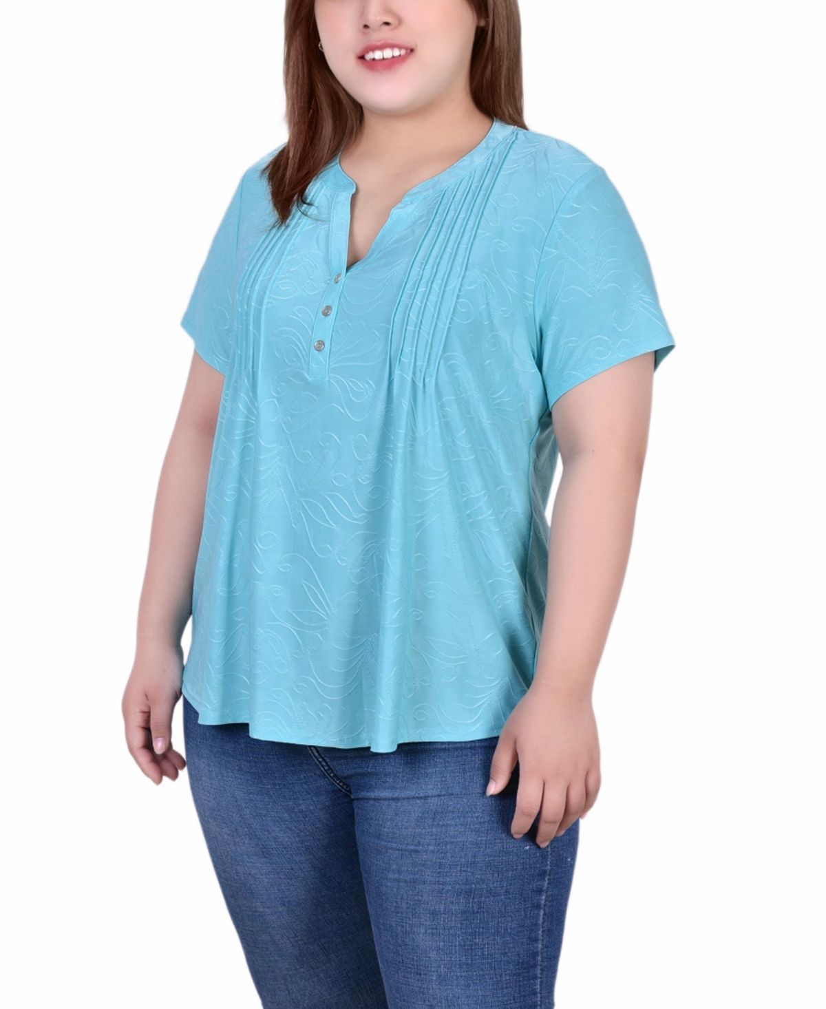 Plus Size Short Sleeve Y-Neck Jacquard Knit Top - Sugar Coral