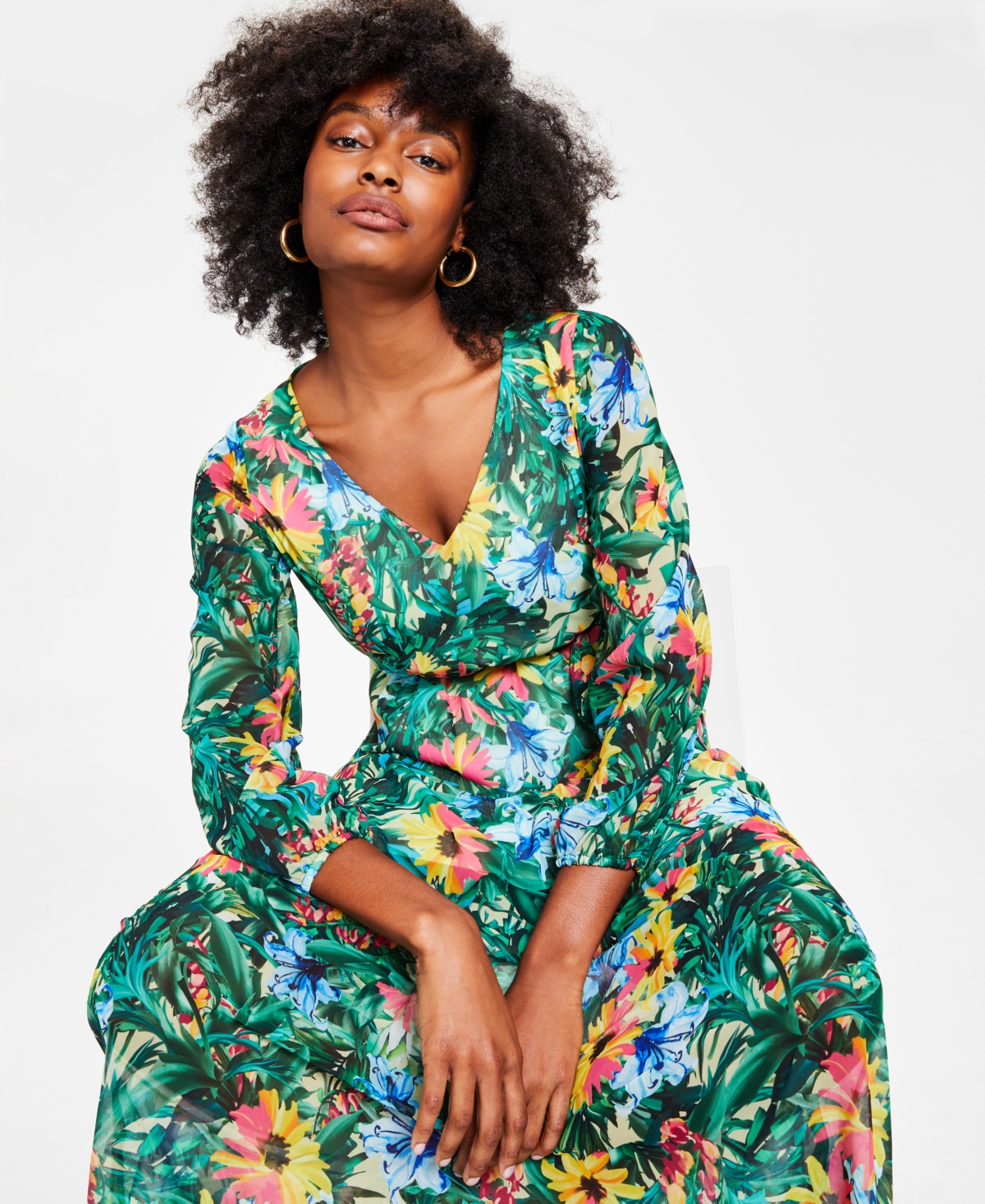 I.n.c. International Concepts Women s Floral Print Long Sleeve V Neck Maxi Dress Created for Macy s Garden Green Combo Smart Closet