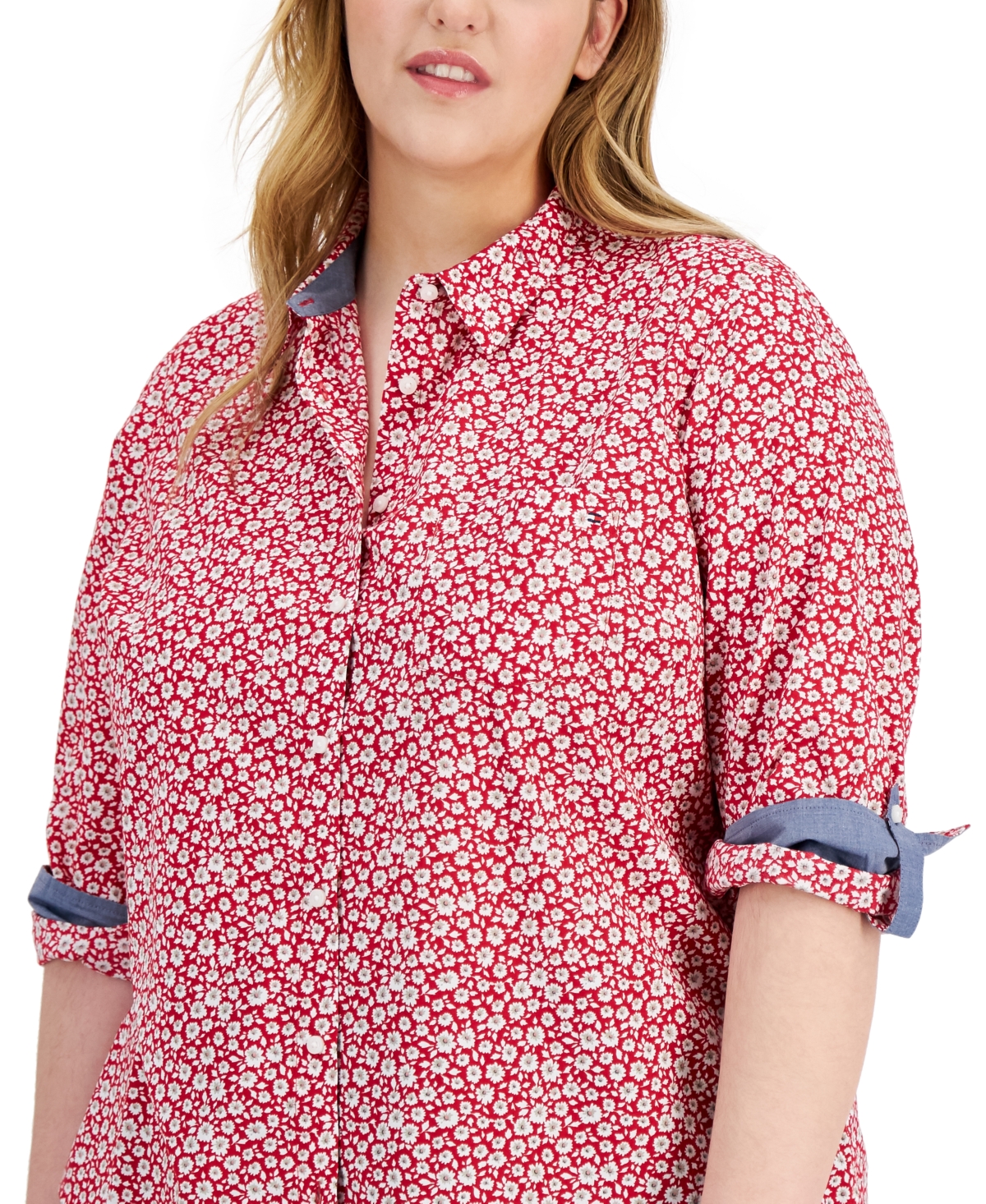 Tommy Hilfiger Plus Size Cotton Printed Utility Shirt -White