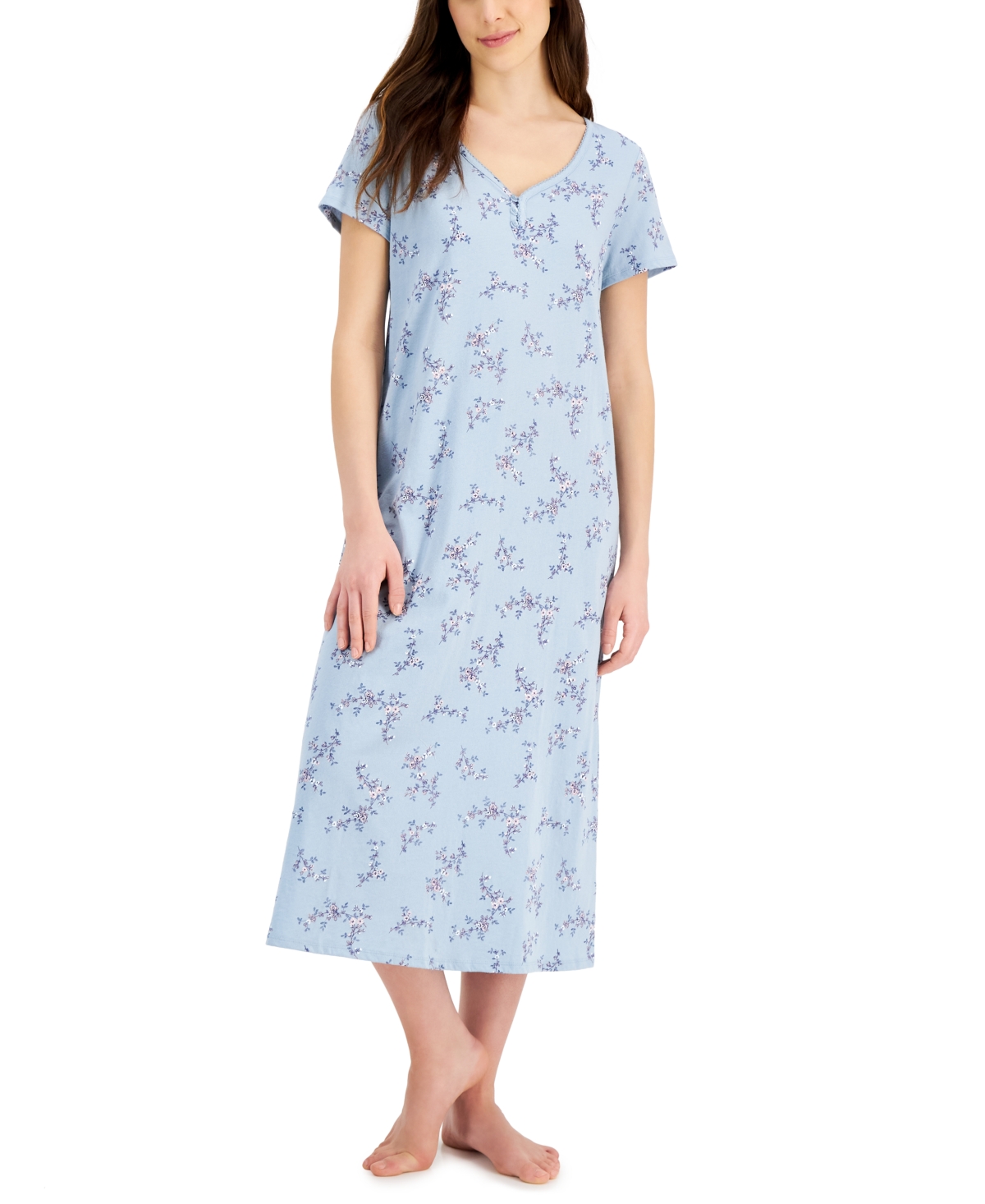Charter Club Women's Short Sleeve Cotton Essentials Printed Midi Nightgown, Created for Macy's