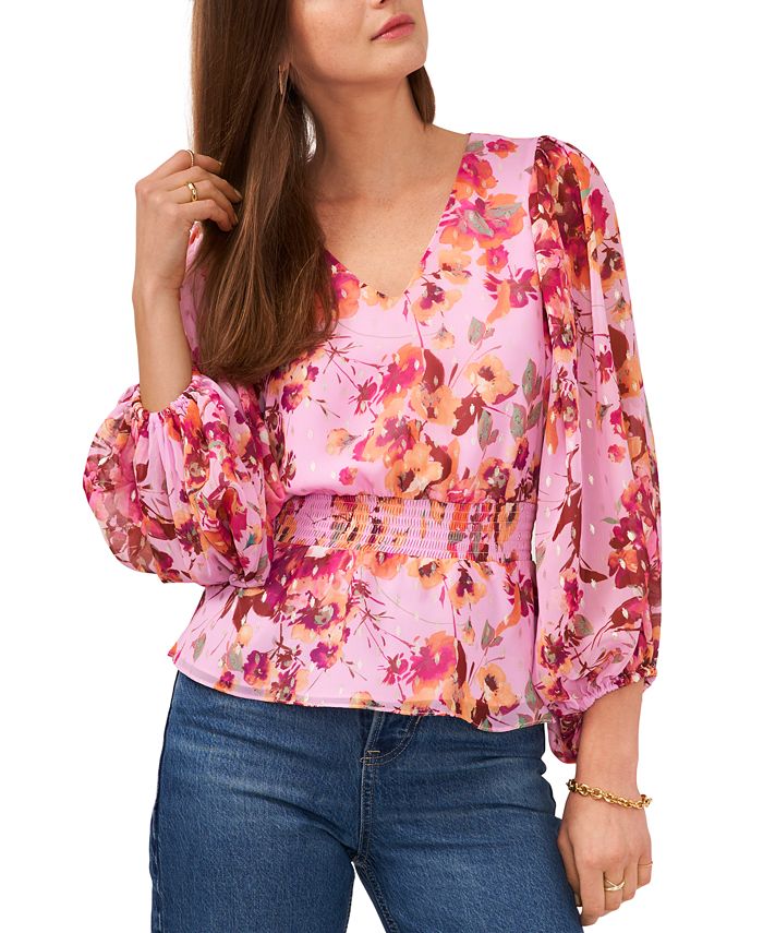 Vince Camuto Women's Aura Floral Smocked-Waist Top - Macy's