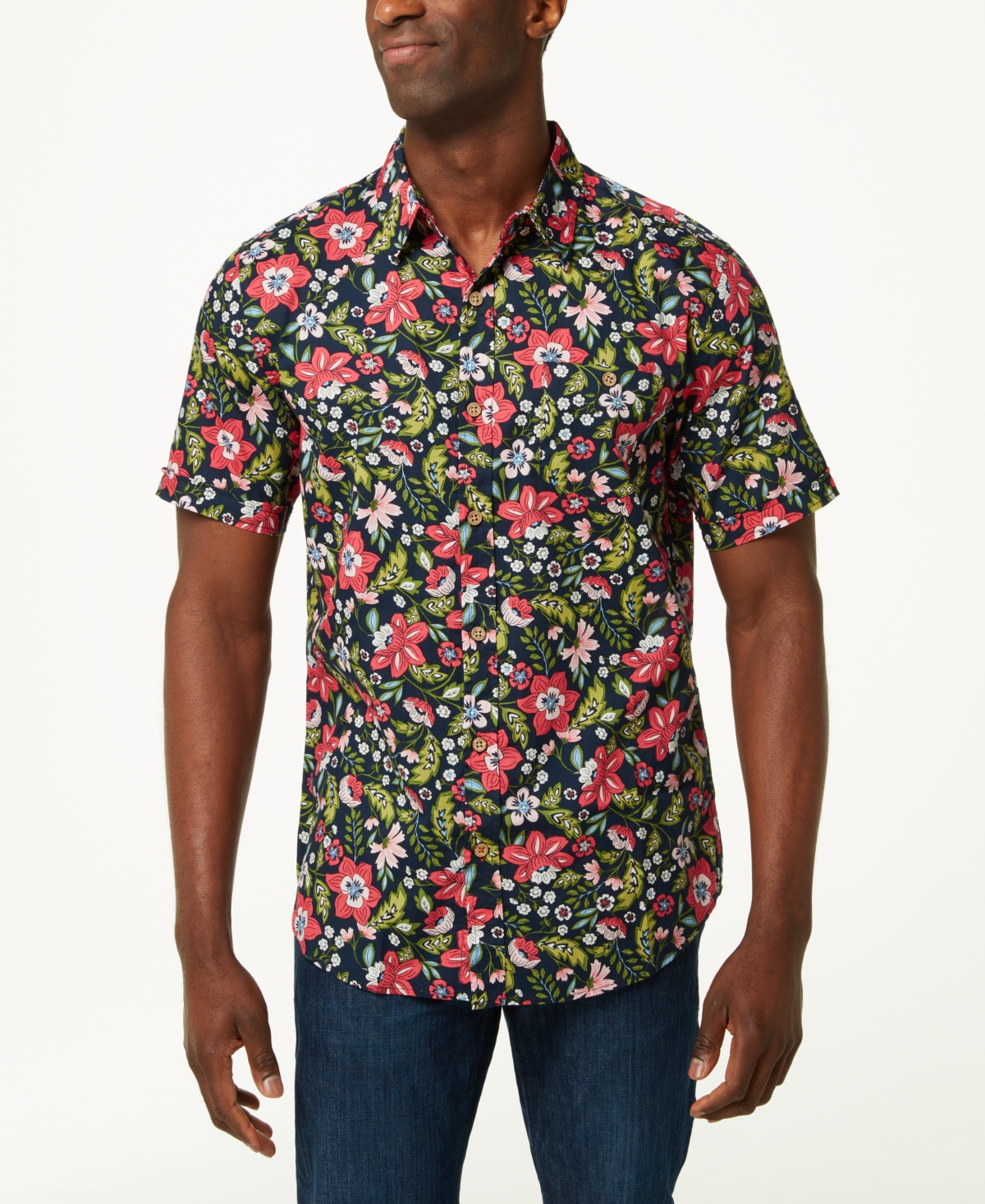 Weatherproof Vintage Men's Floral Poplin Short Sleeve Button Down