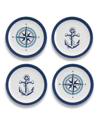 Melamine Nautical Anchor Assorted 4-Piece Appetizer Plate Set, 6.8"