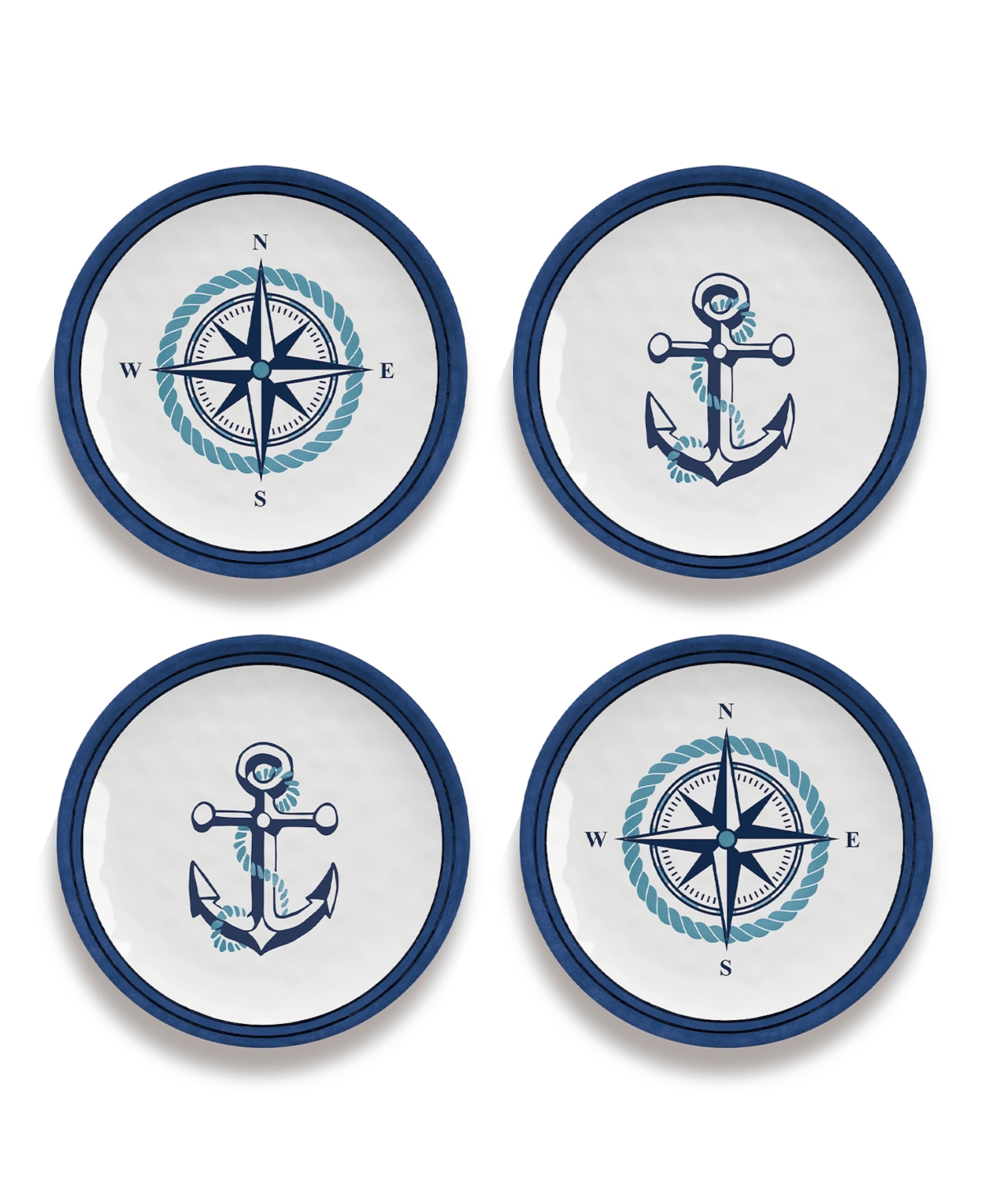 Melamine Nautical Anchor Assorted 4-Piece Appetizer Plate Set, 6.8" - Blue and White Nautical