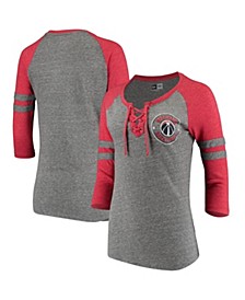 Women's by New Era Heathered Gray Washington Wizards Tri-Blend Lace-Up Raglan 3/4-Sleeve T-shirt